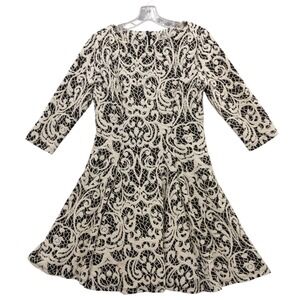 Eliza J Dress Black Beige Lace Pattern Fit & Flare 3/4 Sleeve Women's Petite 10‎